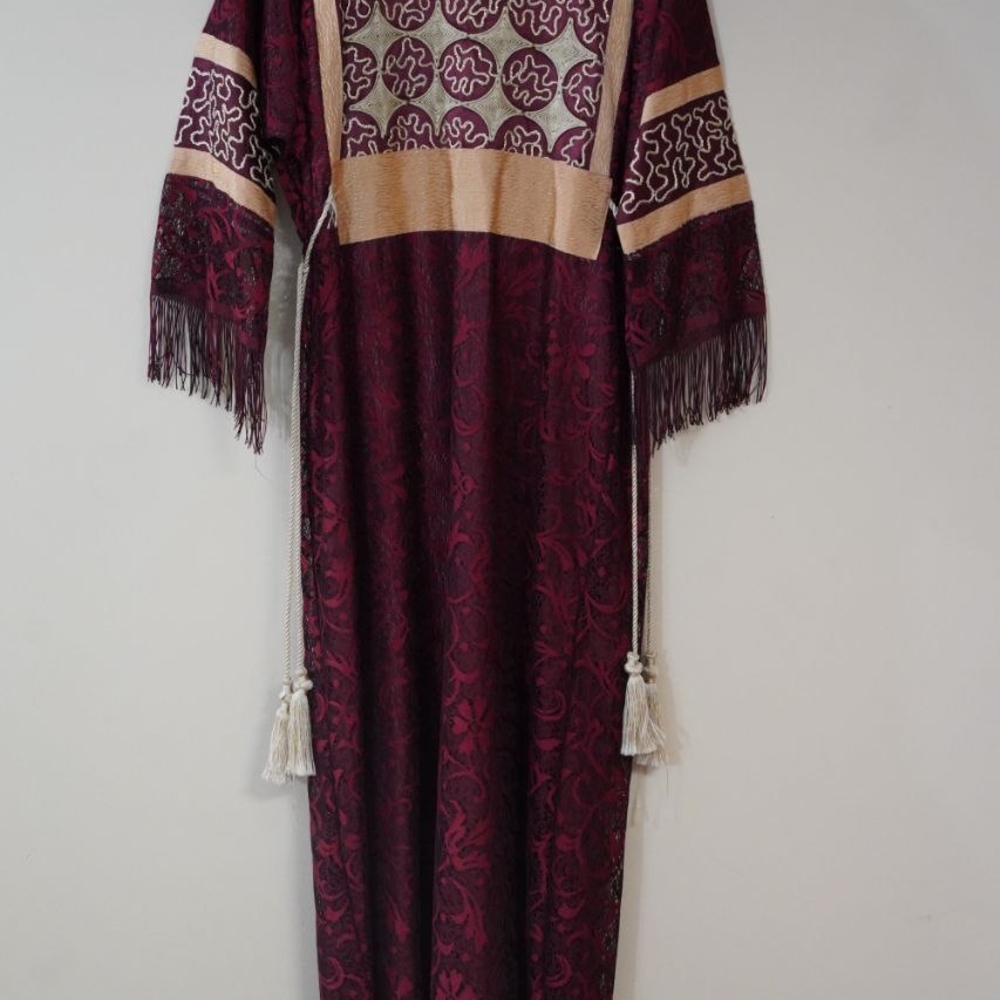 Elegant Burgundy and Beige Henna Thoube Kaftan with Tassels
